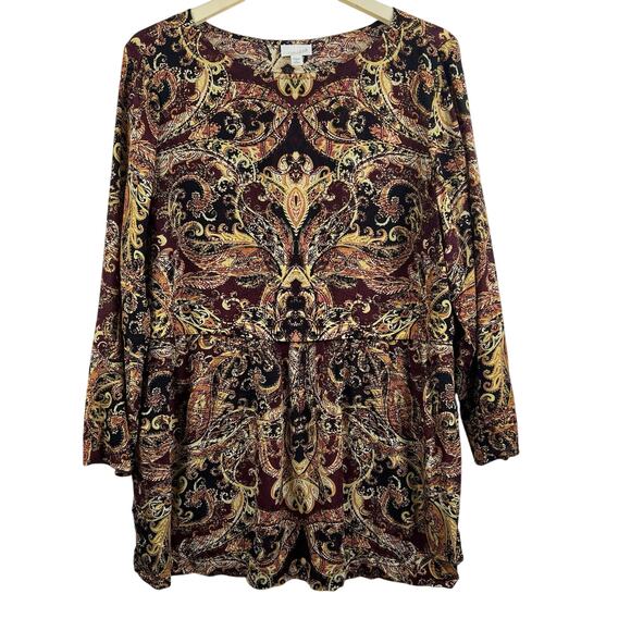 J. Jill Paisley Long Sleeve Flowy Tunic Top LP Multicolor Boat Neck Layered - Picture 1 of 12